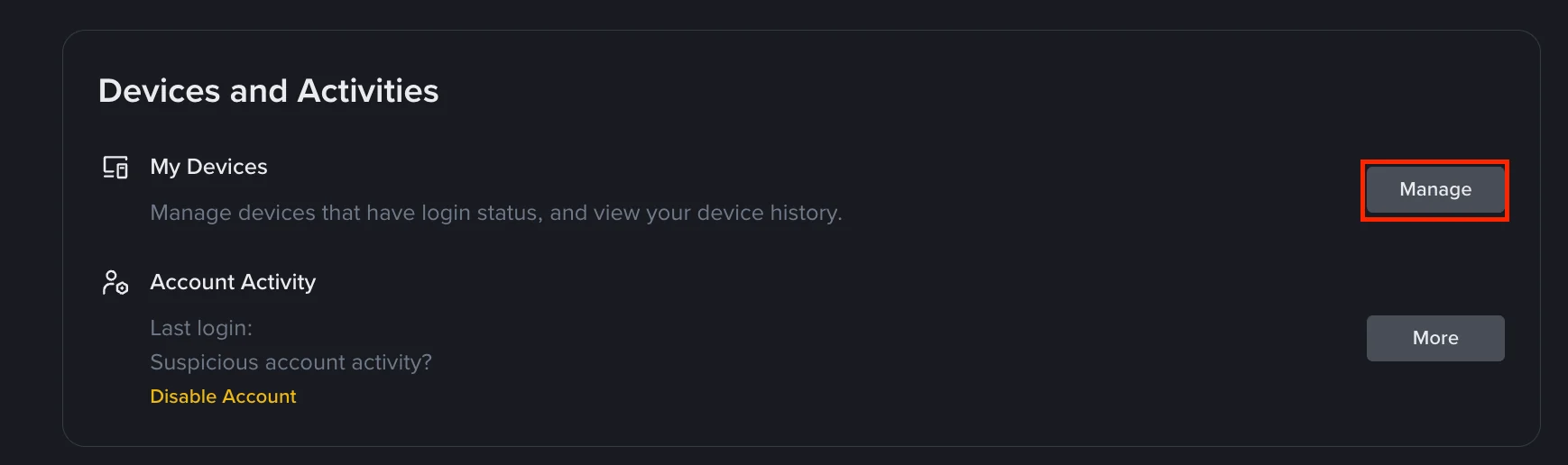 Binance Devices and Activities பகுதியில் My Devices மற்றும் Account Activity நிர்வகிக்கும் உண்மையான திரை
