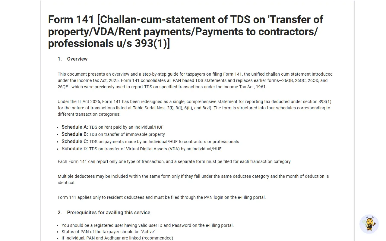 Income Tax Department Form 141 help page-ல் Section 393(1) மற்றும் VDA TDS-க்கான Schedule D காட்டும் உண்மையான அதிகாரப்பூர்வ screen