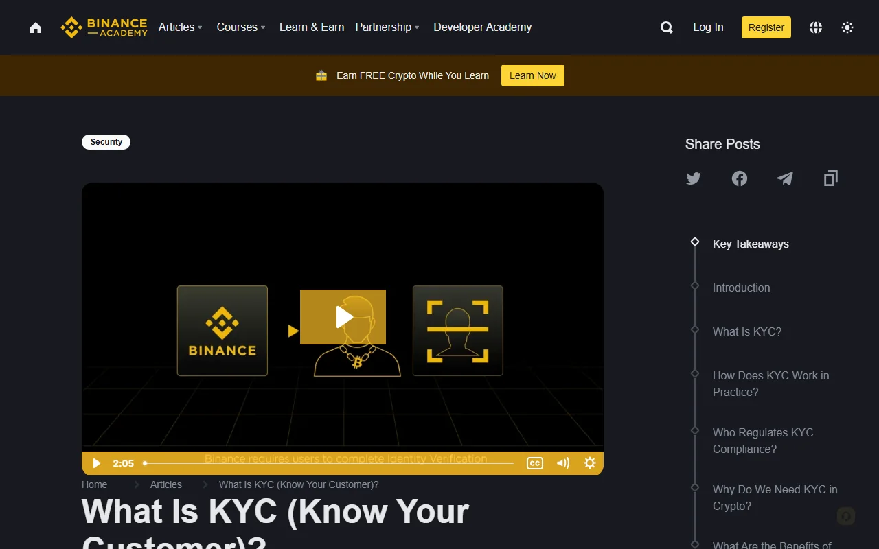 Binance Academy-யின் அதிகாரப்பூர்வ KYC விளக்கப்பக்கம்; identity verification தலைப்பு மற்றும் KYC பிரிவுகள் தெளிவாகத் தெரிகின்றன