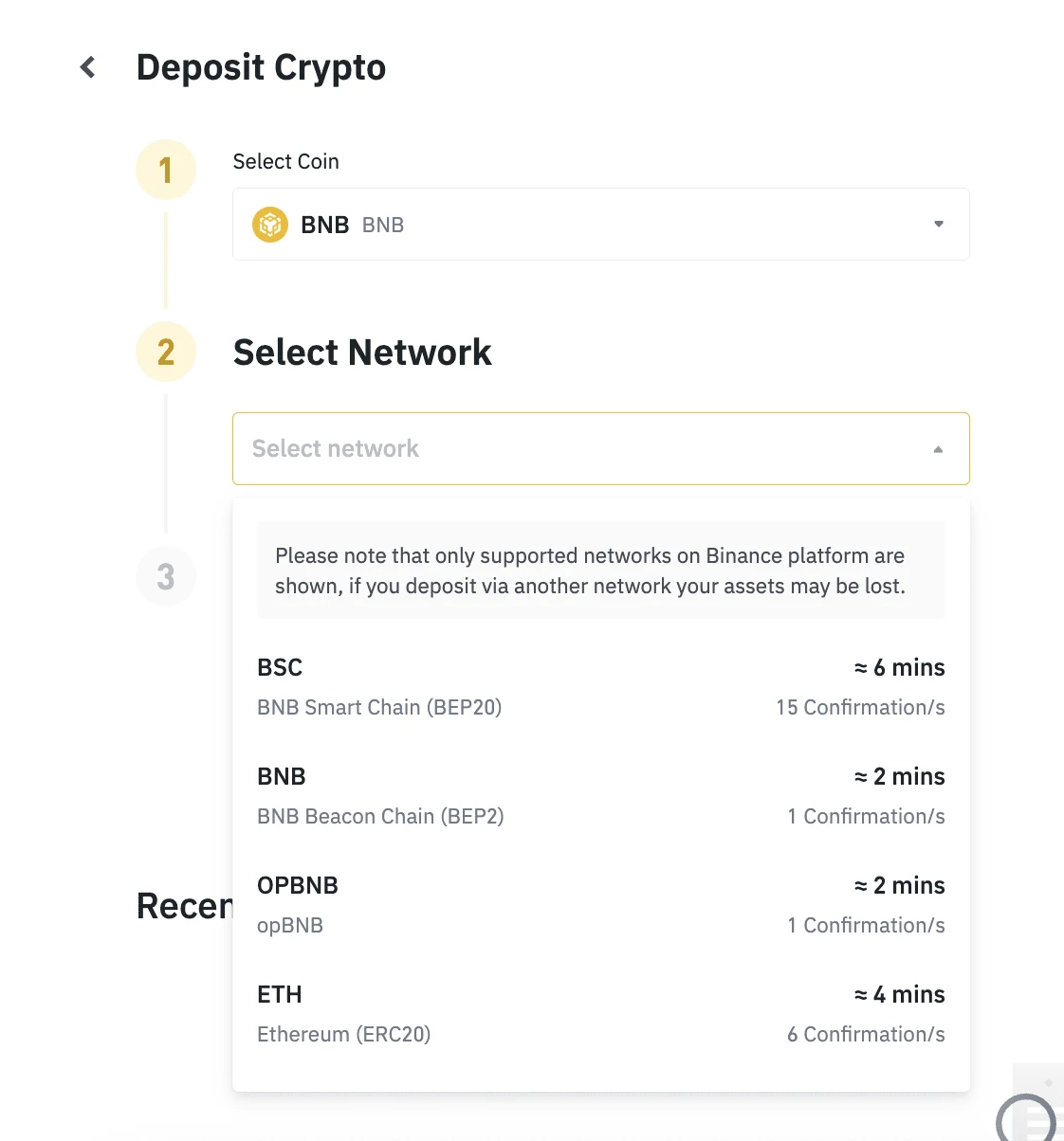 Binance இணைய deposit பக்கத்தில் coin மற்றும் network தேர்வு செய்யும் உண்மையான திரை