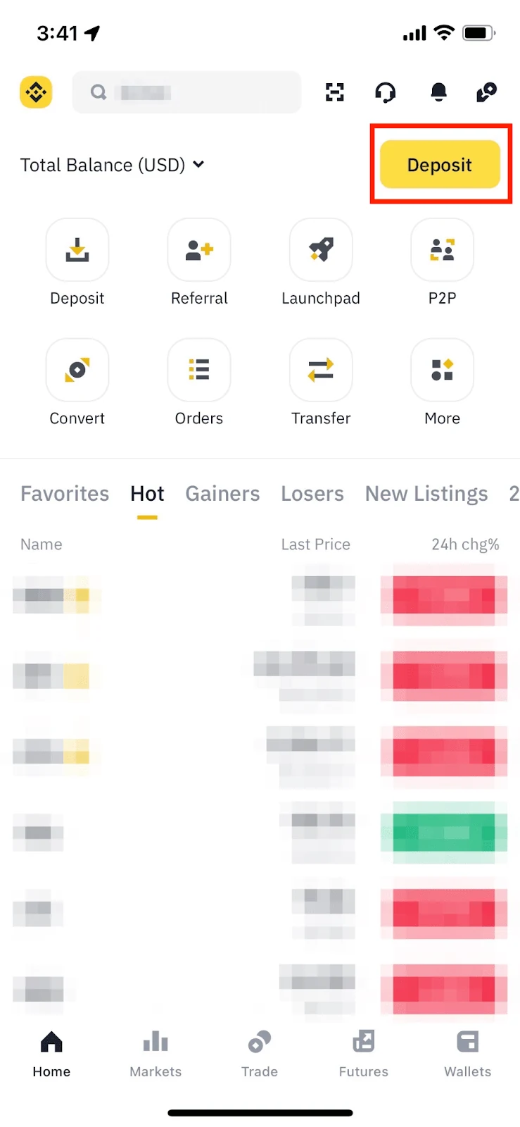 Binance app முகப்பில் உண்மையான Deposit பொத்தான்