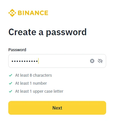 Binance அதிகாரப்பூர்வ password உருவாக்கும் திரை; password மதிப்பு மறைக்கப்பட்டுள்ளது