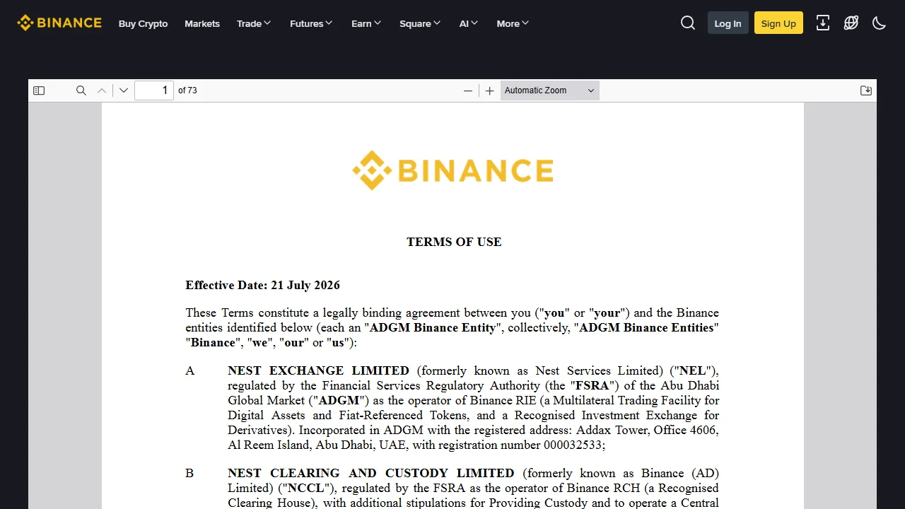 Binance பயன்பாட்டு விதிமுறைகள்