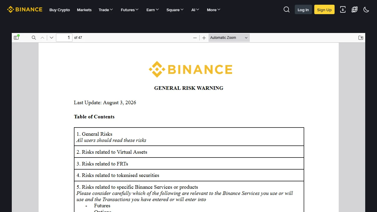 Binance பொதுவான அபாய எச்சரிக்கை