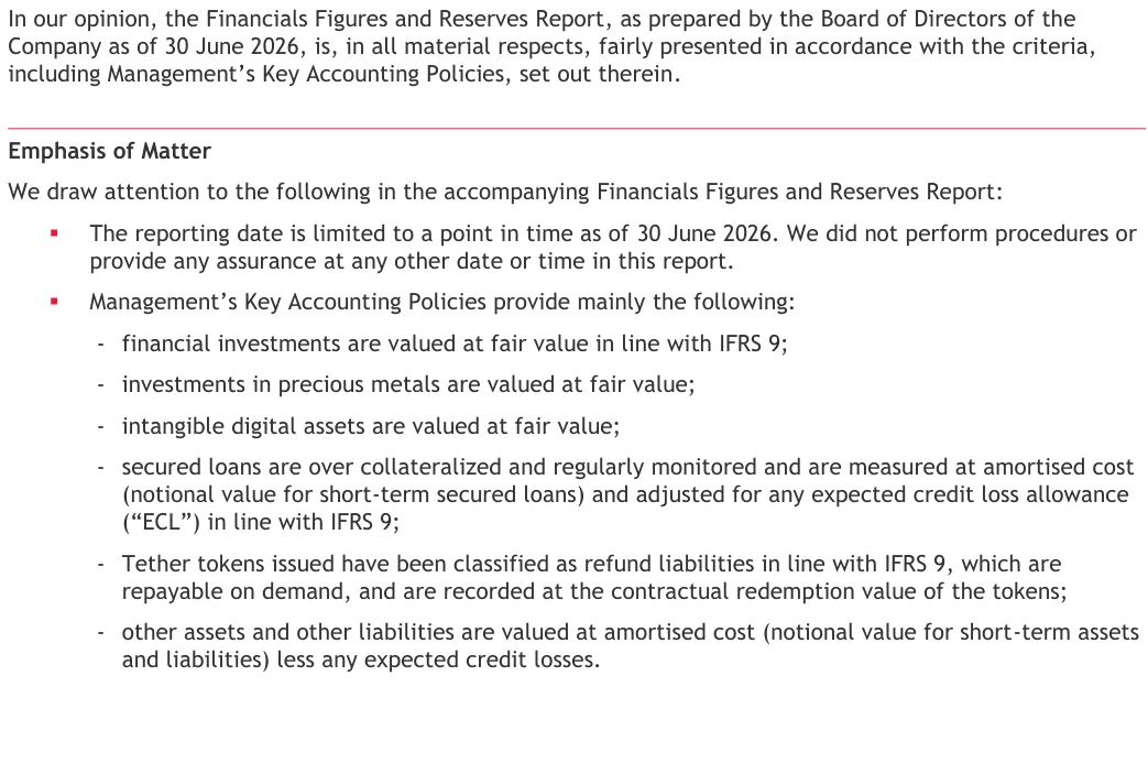 BDO வழங்கிய Tether Q2 2026 assurance அறிக்கையின் Emphasis of Matter பகுதி: reporting date 2026 ஜூன் 30 என்ற ஒரு நேரத்துக்கு மட்டுமே என்றும், வேறு எந்த நாளுக்கும் assurance இல்லை என்றும் கூறும் வரிகள்