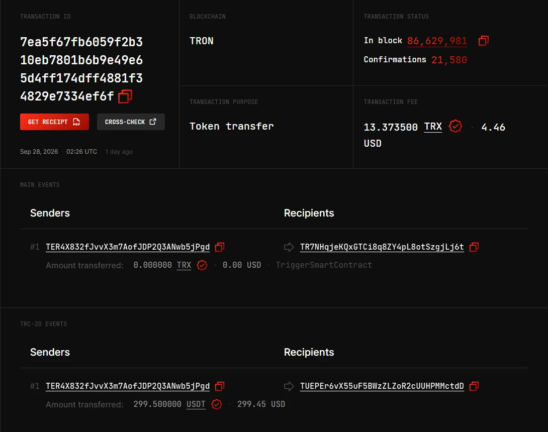 3xpl.com-ல் ஒரு TRON பரிவர்த்தனை: Transaction purpose Token transfer, Transaction fee 13.373500 TRX (4.46 USD), Main events-ல் 0.000000 TRX TriggerSmartContract, TRC-20 events-ல் 299.500000 USDT (299.45 USD) அனுப்பப்பட்டது, Confirmations 21,580