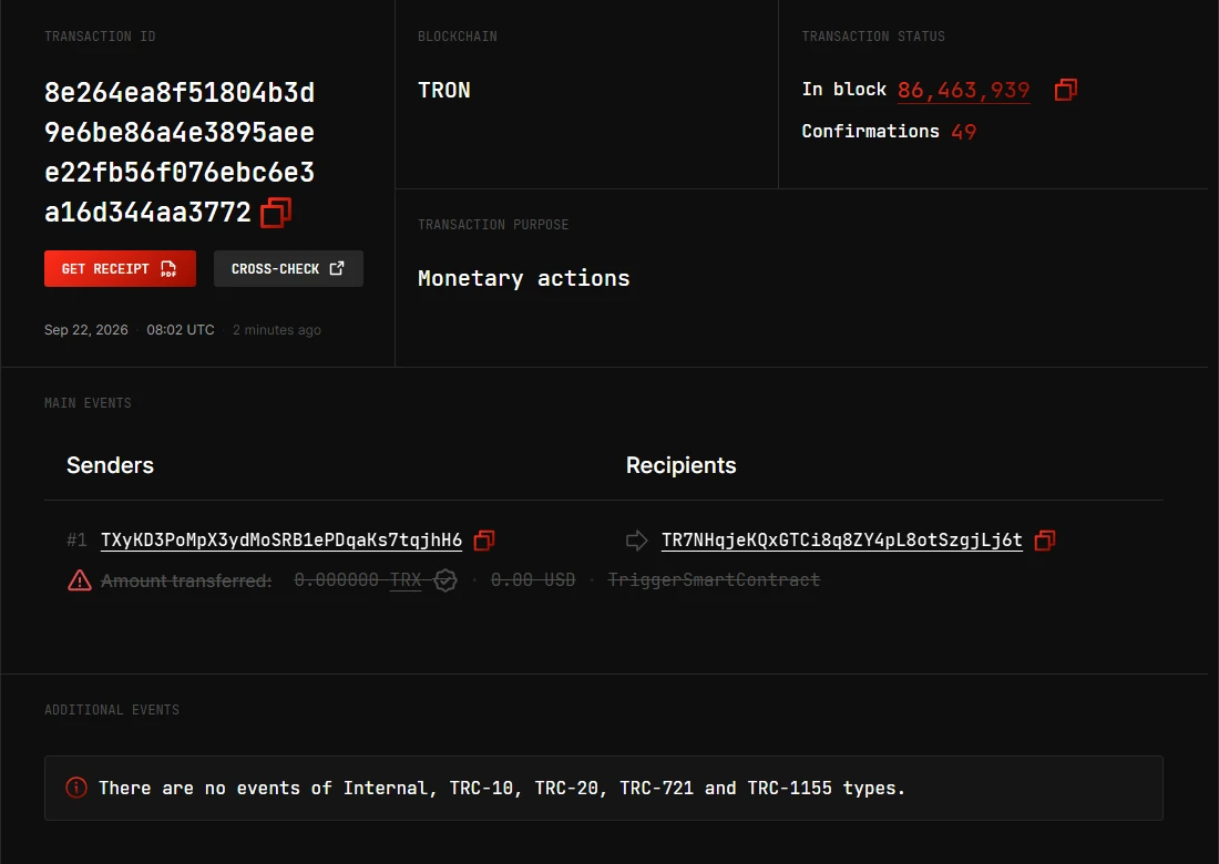 3xpl explorer-ல் ஒரு TRON பரிவர்த்தனை: In block 86,463,939, Confirmations 49 எனக் காட்டப்பட்டாலும், Main events பகுதியில் "Amount transferred: 0.000000 TRX" எச்சரிக்கைக் குறியுடன் அடித்துக் காட்டப்பட்டு, கீழே "There are no events of Internal, TRC-10, TRC-20, TRC-721 and TRC-1155 types" எனக் குறிப்பிடப்பட்டுள்ளது