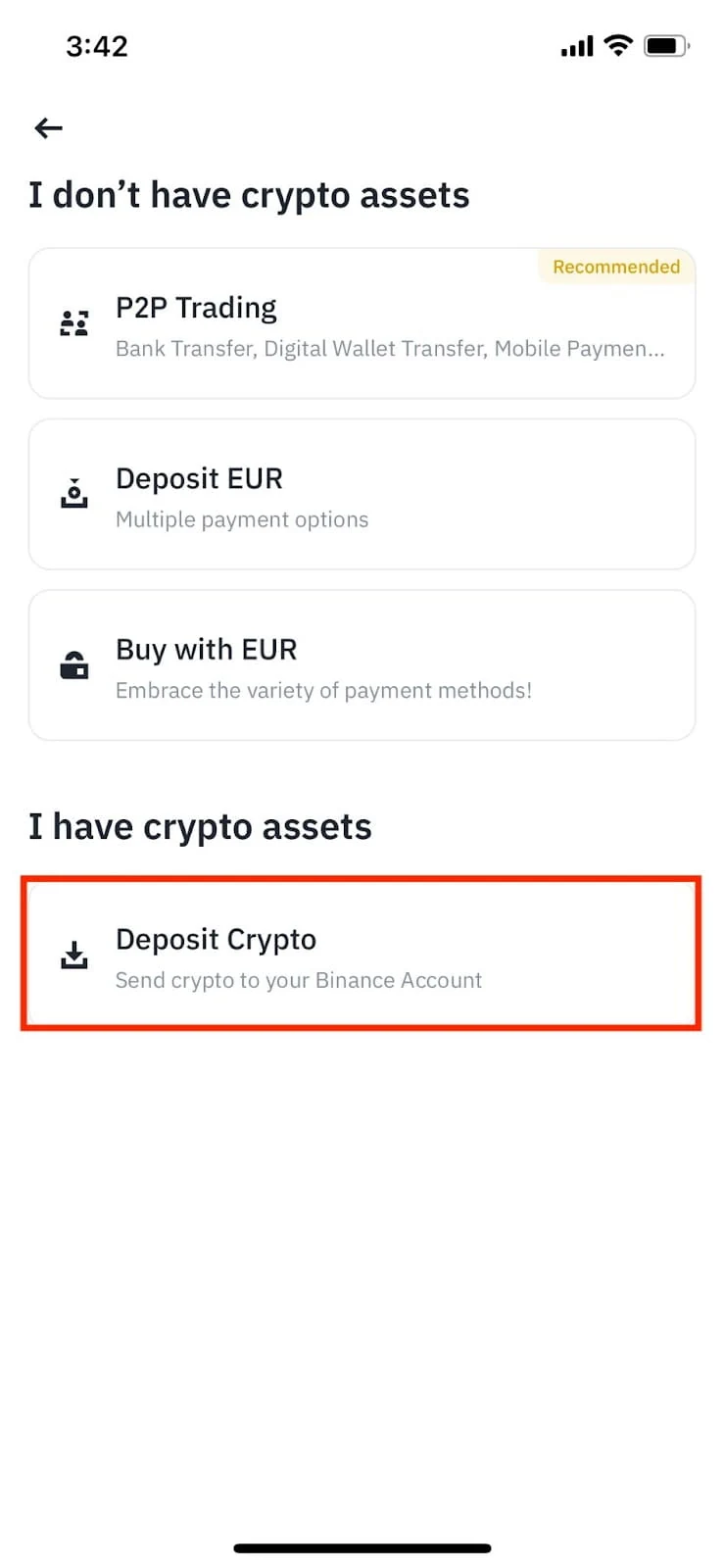 Binance செயலியில் உண்மையான Deposit Crypto தேர்வு திரை
