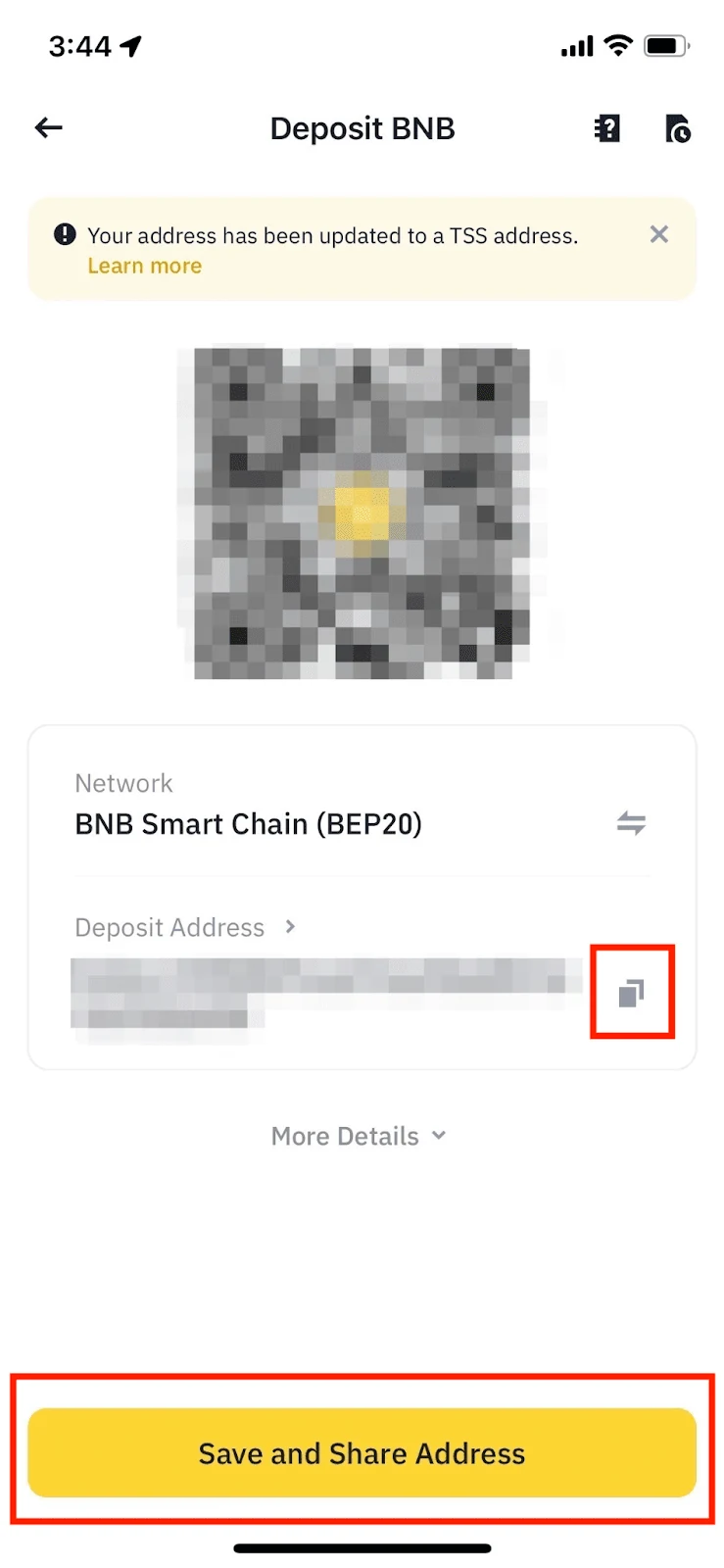 Binance app-ல் deposit address மற்றும் QR காட்டும் உண்மையான திரை; மதிப்புகள் மூலத்திலேயே மறைக்கப்பட்டுள்ளன